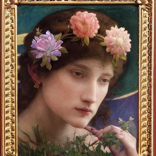 Image similar to queen of flowers, by annie swynnerton and charlie bowater and william - adolphe bouguereau, nicholas roerich and jean delville and evelyn de morgan, dramatic lighting, floral tattoos, rich colors, smooth sharp focus, extremely detailed, donato giancola, adolf wolfli