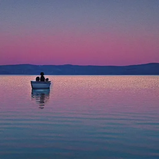 Prompt: A beautiful small boat alone on a lake at twilight with calm waters, the moon shines from above causing light ripples in the water. A small and calm traveller sits in the boat, at peace with himself and the world. A digital art piece designed by psychologists to calm a troubled mind. Tranquil dreams of tepid water, a moment frozen in time. Trending on art station, an award winning masterpiece