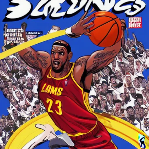 Image similar to comic book cover art of lebron james dunking a basketball by yusuke murata