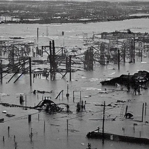 Prompt: grainy 1800s photo of a city being flooded by mud