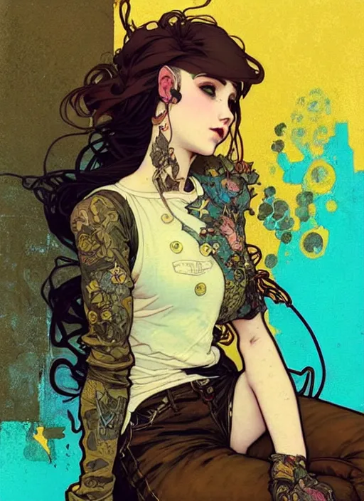 Prompt: highly detailed portrait of a moody sewerpunk young adult lady with a harris tweed holdy by greg tocchini, by krenz cushart, by alphonse mucha, by kaethe butcher, gradient yellow, black, brown and cyan color scheme, grunge aesthetic!!! ( ( graffiti tag city background ) )