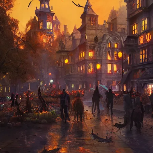 Prompt: halloweentown celebration colorful, volumetric lighting, 8 k octane beautifully detailed render, post - processing, extremely hyper - detailed, intricate, epic composition, cinematic lighting, masterpiece, trending on artstation, detailed detailed detailed, masterpiece, stunning art by anders zorn, wonderful masterpiece by greg rutkowski, beautiful cinematic light,