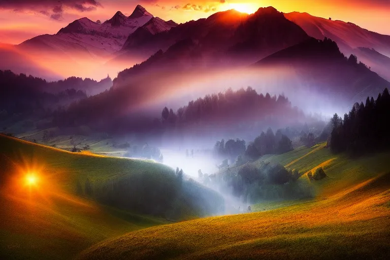 Prompt: landscape photography of romania by marc adamus, morning, mist, rays of light, beautiful