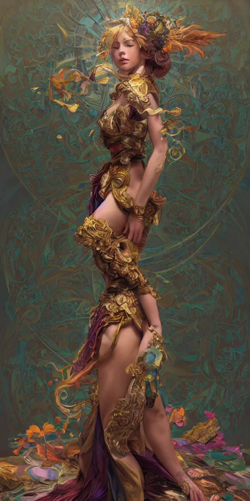 Prompt: portrait of tragedy, full body expressive pose, acrobatic, rainbow eyes, ornate frilly dress, fantasy, intricate, elegant, highly detailed, digital painting, artstation, concept art, smooth, sharp focus, illustration, art by artgerm and greg rutkowski and alphonse mucha, octane render, 3d, hyperrealistic
