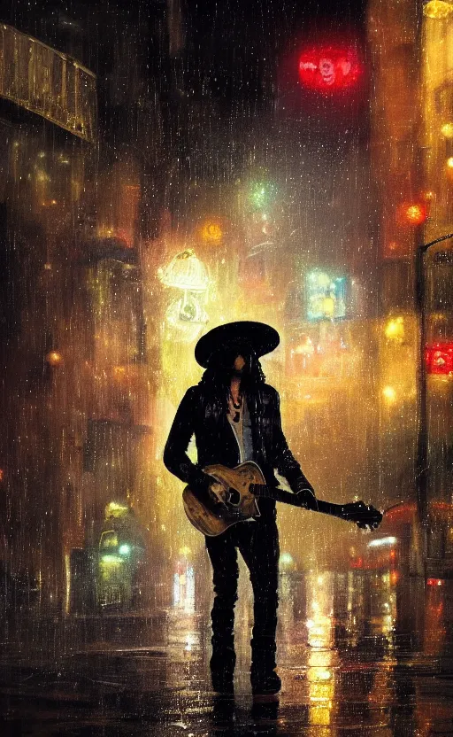 Image similar to a painting of slash playing the guitar, rainy night, lights, particles, depth of field, raindrops, crowd, lights, top hat by greg rutkowski, featured on artstation