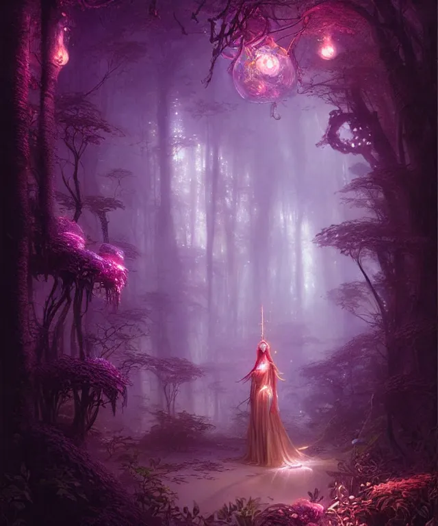 Image similar to ultra detailed magical realism portrait painting of the beautiful empress of the enchanted glowing purple forest, volumetric lighting, depth of field, illusion, intricate details, by greg rutkowski, peter mohrbacher.