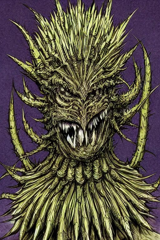 Prompt: thistle monster heavily armoured, symmetrical, highly detailed, digital art, needles, thorns, sharp focus, trending on art station, kentaro miura manga art style