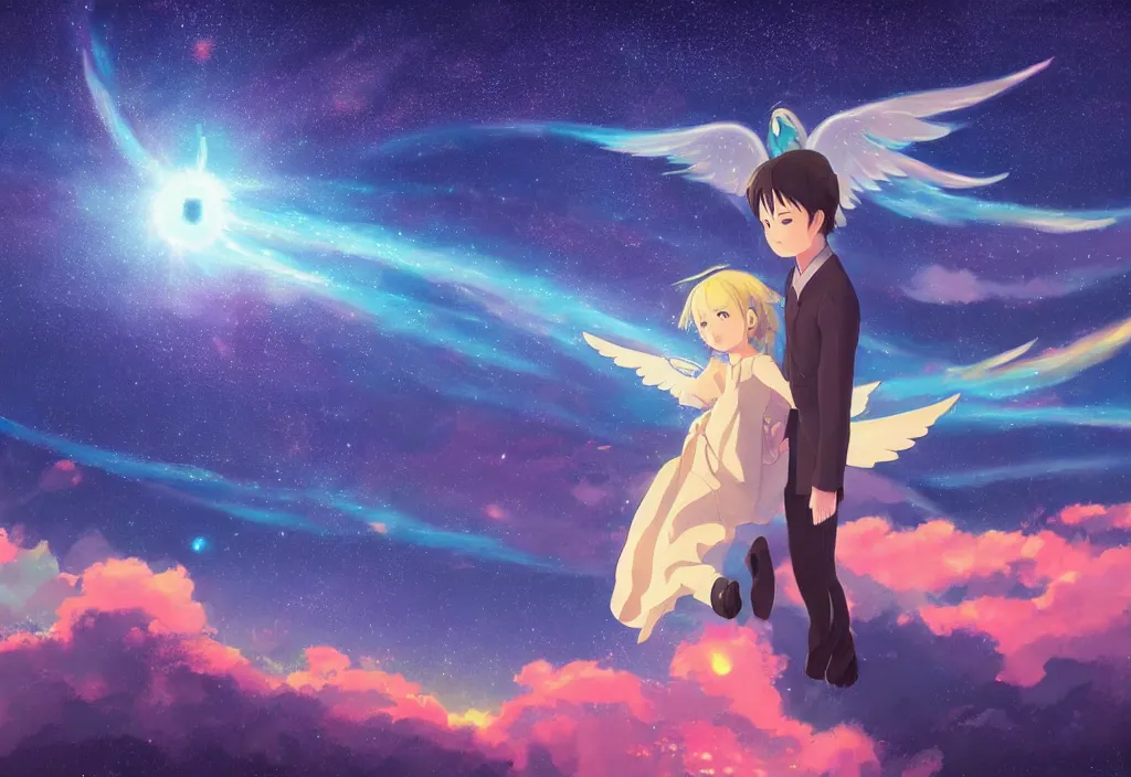 Image similar to breathtaking digital painting of the sky of kimi no na wa with hatsune miku angel, by celestialfang, ghibli, pastel colors and shooting stars in northern light love, lovers under skies