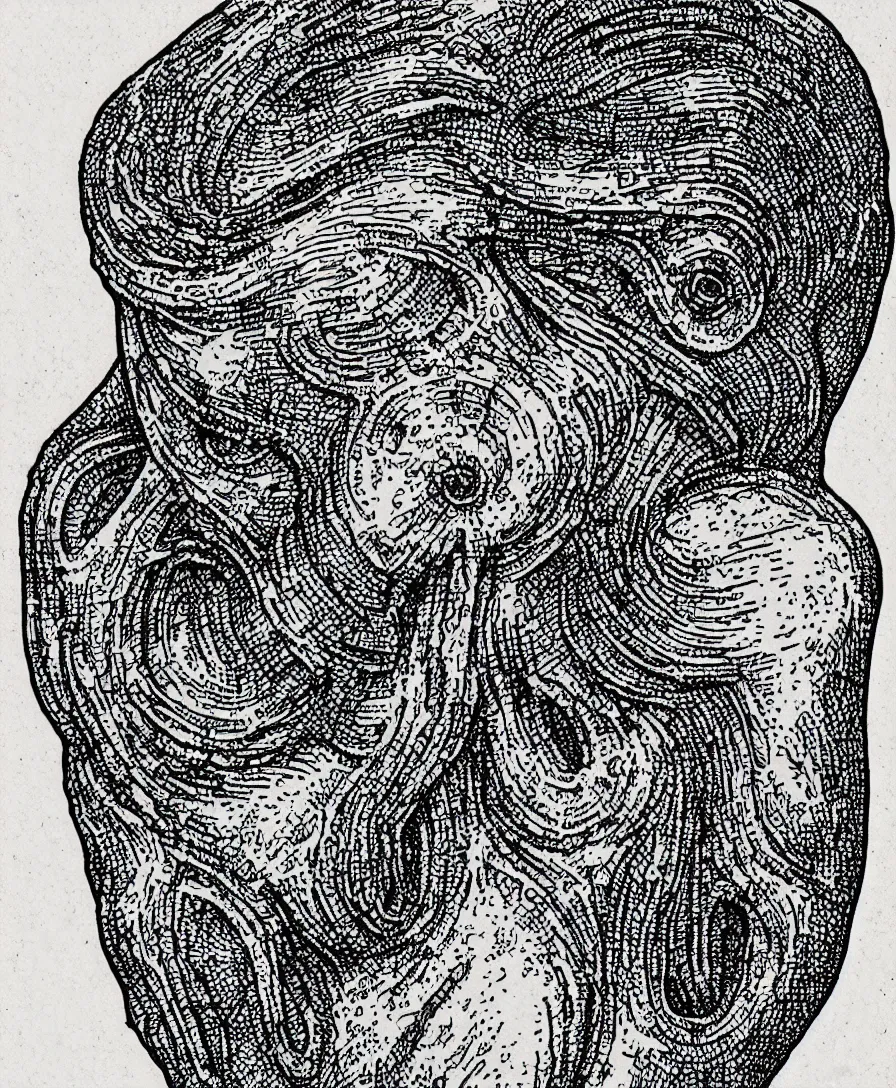 Image similar to ultradetailed halftone print, anatomical cross-section of an illithid mindflayer