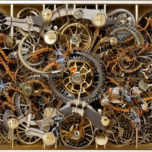 Image similar to complex intricate moving mechanism made of insects and bugs and beetles, diy symmetric electromechanical machine, hyperdetailed maximalism