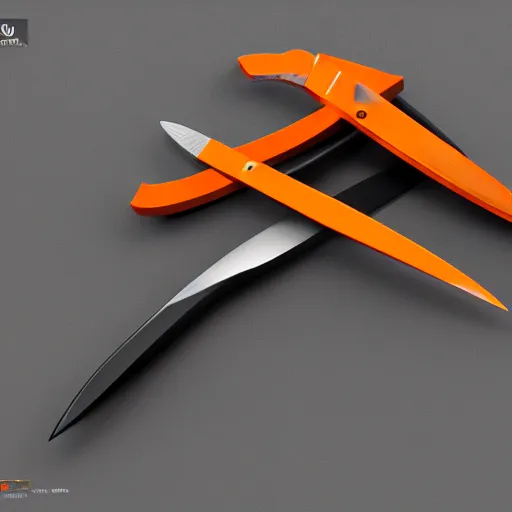 Image similar to a pair of black and orange knifes on a gray background, a 3 d render by dom qwek, trending on polycount, futurism, hard surface modeling, rendered in maya, artstation hd