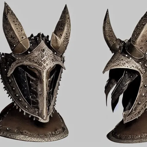 Prompt: set of armor has a coif with a rounded opening leaving just the eyes exposed. attached to its side are two curled animal horns. the shoulders are fairly squared, narrow and large in size. they're decorated with a wolf's head on each side.