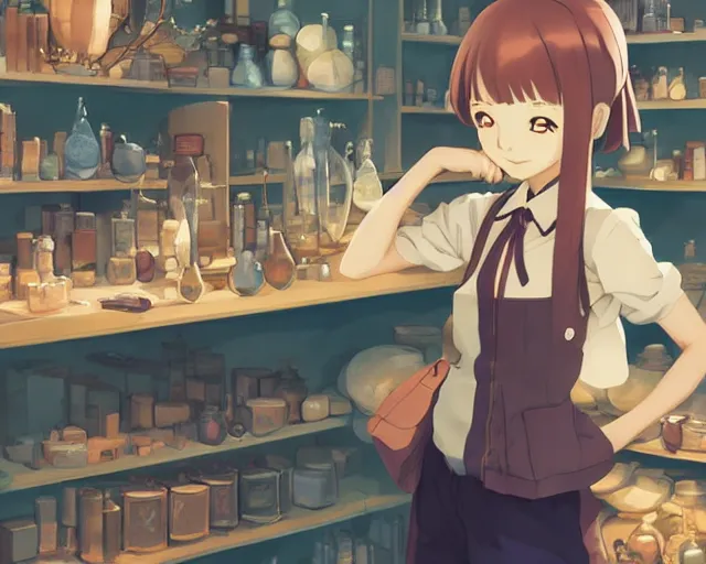 Image similar to anime visual, portrait of a young female traveler in a alchemist's shop interior, cute face by yoh yoshinari, katsura masakazu, studio lighting, dynamic pose, dynamic perspective, strong silhouette, anime cels, ilya kuvshinov, cel shaded, crisp and sharp, rounded eyes, moody, cold colors