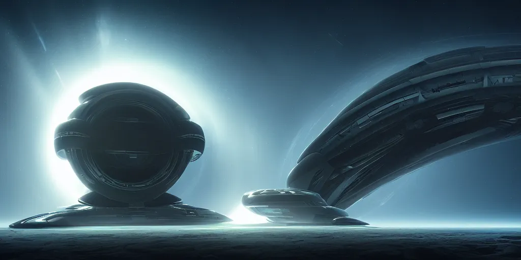 Image similar to giant tubular spaceship in deep space, portal, day, ultra high definition, ultra detailed, symmetry, god rays, sci - fi, dark fantasy, by paul chadeisson and denis villeneuve