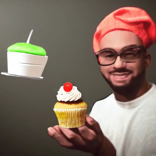 Prompt: photorealistic sculpture of edp the youtube holding a cupcake,