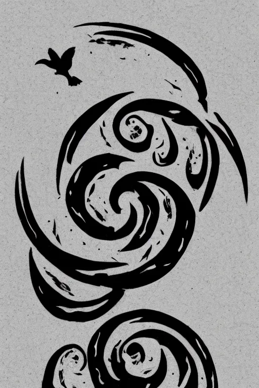 Image similar to a simple tattoo design of birds flying in a 8 spiral, black ink, logo