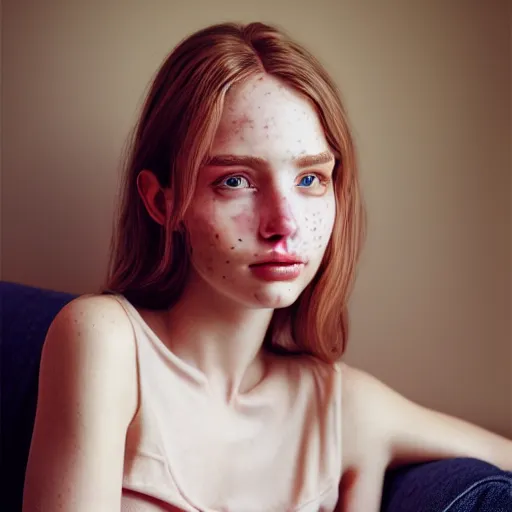 Prompt: portrait of a cute thin young woman, red blush, light freckles, soft smile, casual clothes, relaxing on the couch, home interior, golden hour, close up shot, 8 k, art by irakli nadar, hyperrealism, hyperdetailed, ultra realistic