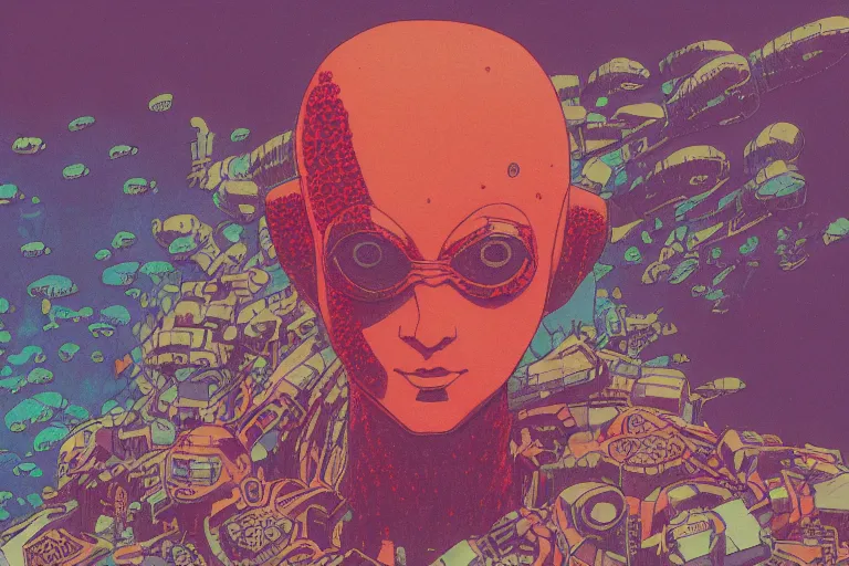 Image similar to risograph grainy drawing vintage sci - fi, satoshi kon color palette, gigantic gundam full - body covered in dead coral reef, 1 9 8 0, kodachrome, painting by moebius and satoshi kon and dirk dzimirsky close - up portrait