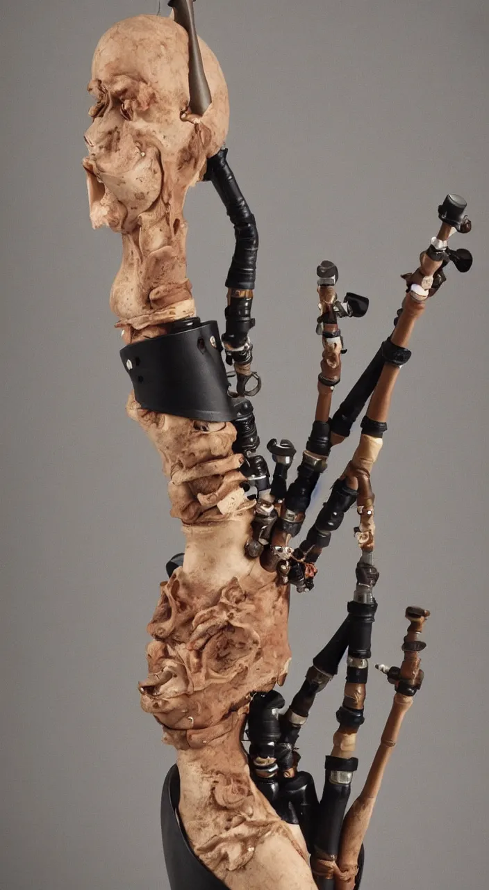 Prompt: a bagpipe with ceramic pipes shaped like a human larynx, in the style of an endoscopy, 8k,