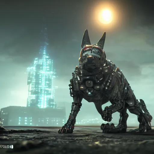 Image similar to hybrid of a cyborg dog and a steel golem kaiju, ultra detailed, 8 k, rule of thirds, professional lighting, unreal engine.