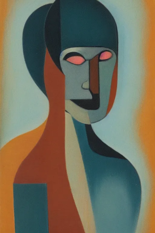 Prompt: Abstract. Minimalism. Portrait of a cyborg woman. 1920. Oil on panel