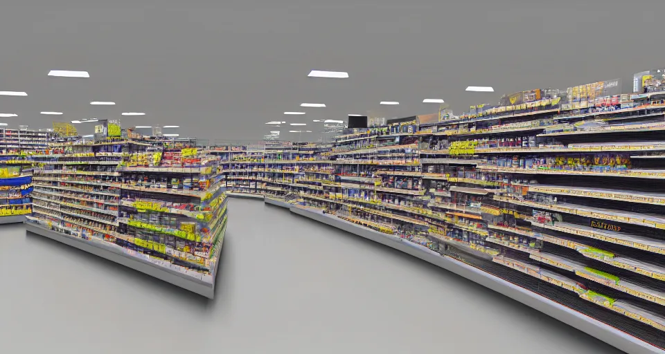 Image similar to vast futuristic supermarket with endless empty shelves, vray render, hyperrealistic, highly detailed