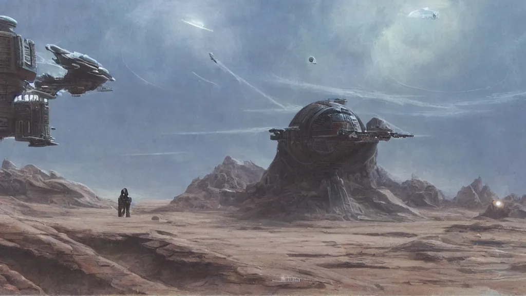 Image similar to small organic dropship lander by john schoenherr and jim burns, epic cinematic matte painting