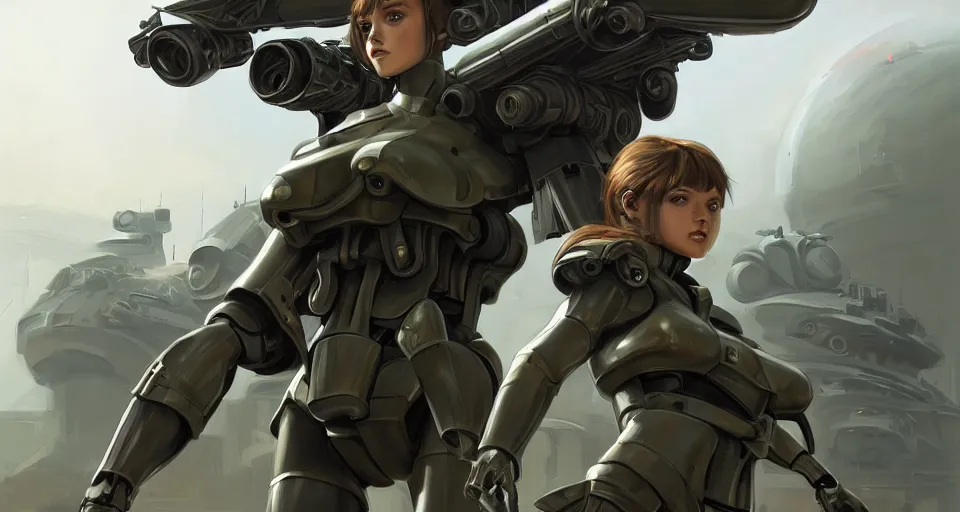 Image similar to a photorealistic painting of an attractive young girl, clothed in stealth-like battle armor, a giant sci-fi sniper rifle, olive skin, long dark hair, beautiful bone structure, symmetrical face, perfect eyes, a futuristic hover-tank in the background, intricate details, elegant, digital painting, illustration, sharp focus, minimal artifacts, from Metal Gear, in the style of Ruan Jia and Mandy Jurgens and Greg Rutkowski, trending on Artstation, award winning, unreal engine, octane render