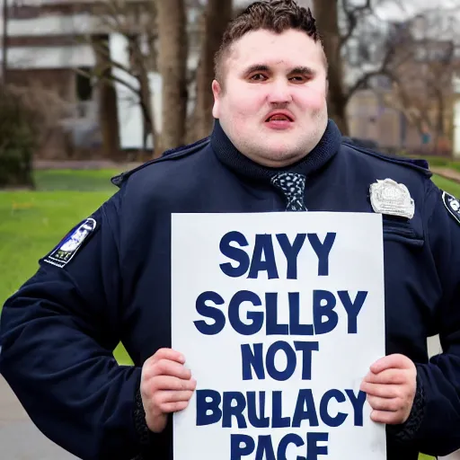 Image similar to clean - shaven chubby chubby chubby 3 2 year old caucasian man from uk. he is wearing navy police sweater and necktie and black boots and police helmet. he is holding a sign that reads'say no to police brutality.'