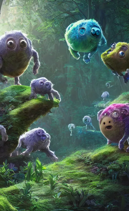 Image similar to microscopic tardigrades, magical forest, water bear, robots, concept art, intricate details, highly detailed, photorealistic, disney pixar, octane render, iridescent, anime, 8 k