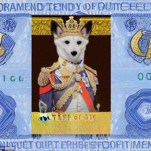 Prompt: a five pound note gbp but the portrait of the queen has been replaced by a happy corgi