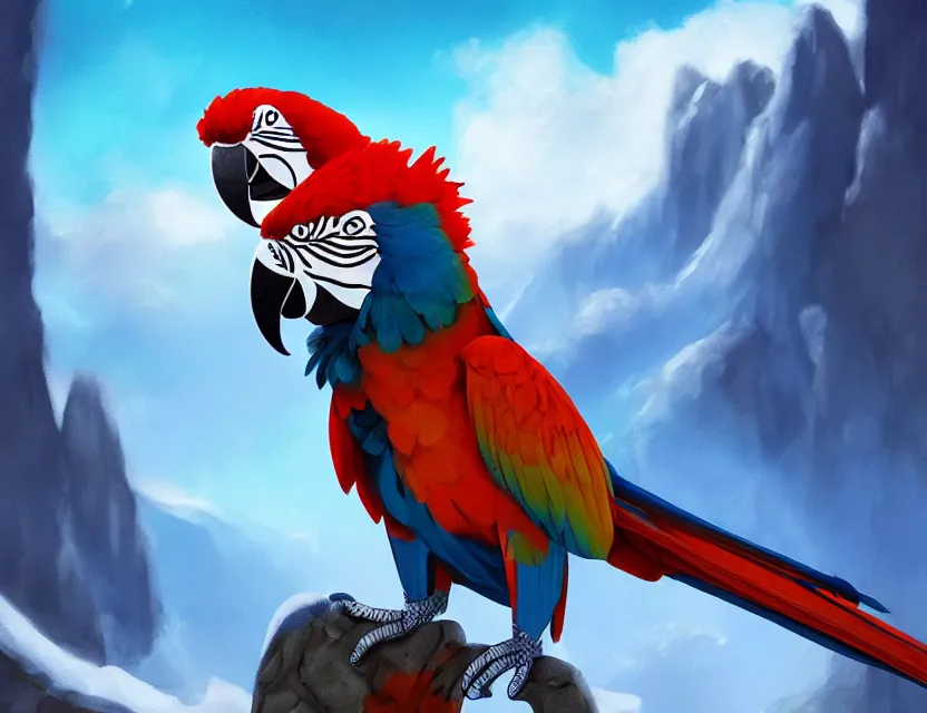 Prompt: macaw alchemist boy in the flowering snowy mountains. complementary colors, indie concept art, luminescent, 4 k, chiaroscuro, backlighting.