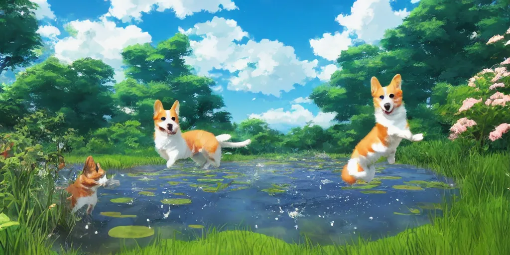 Prompt: Corgis in the pond, there is blue sky, there is water splash, there are kittens by the pond, the atmosphere is cheerful, the colors are bright, high picture quality, by Makoto Shinkai