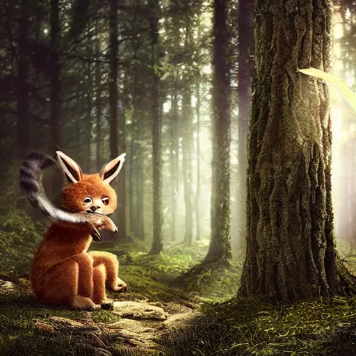 Image similar to a cute furry creature with long ears standing in a forest, michael kutsche, cinematic lighting