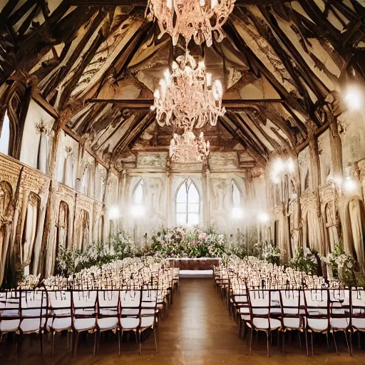 Prompt: A photograph of inside a castle of a royal wedding floral covered venue inspired by a enchanted ethereal forest.