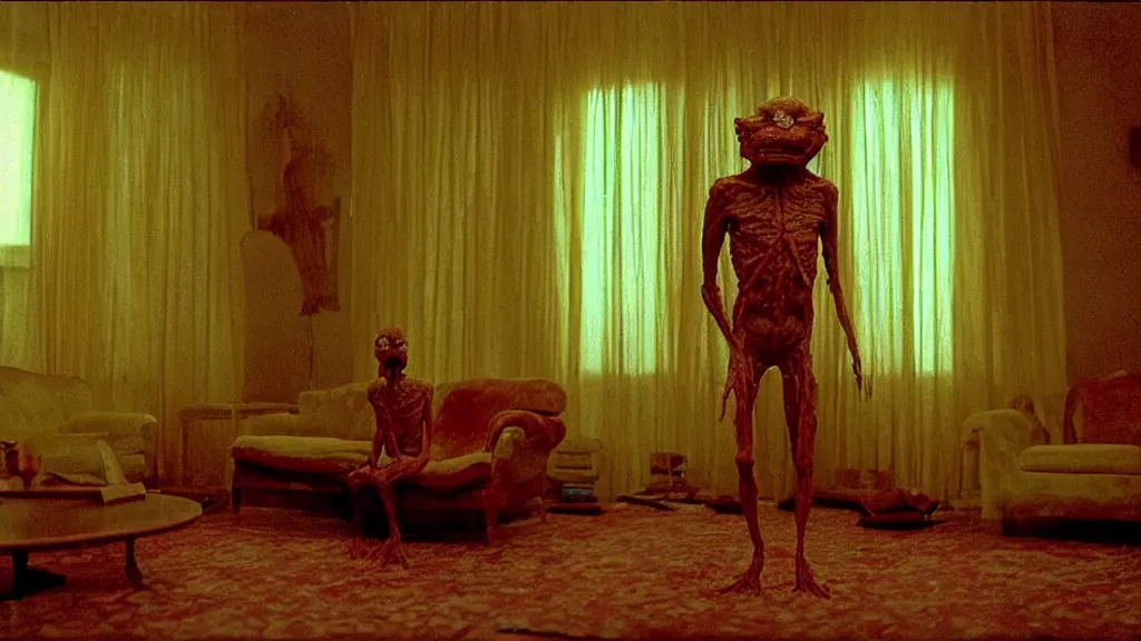 Image similar to a strange creature made of wax and water in the living room, film still from the movie directed by Wes Anderson with art direction by Zdzisław Beksiński, wide lens