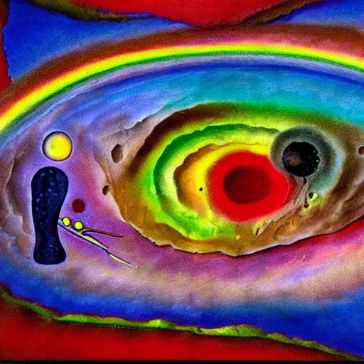 Prompt: an extremely high quality hd surrealism painting of the 3 d soul of polymer clay rainbow skinner blends by dali and kandinsky on a starry black canvas, 8 k, ultra realistic