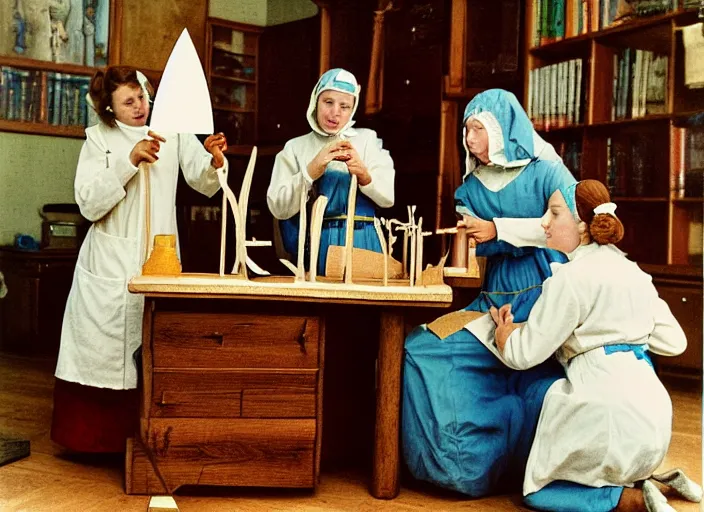 Prompt: realistic photo two medieval female scientists doing an experiment with a cloud and rainbow, living room interior is made of wood 1 9 9 0, life magazine reportage photo