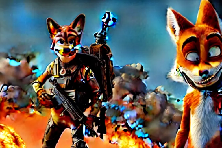 Image similar to nick wilde, heavily armed and armored facing down armageddon in a dark and gritty reboot from the makers of mad max : fury road : witness me