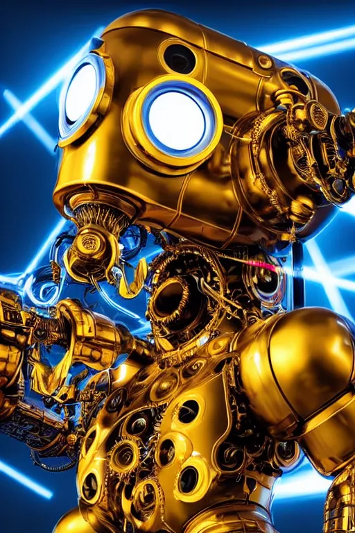 Image similar to portrait photo of a giant huge golden and blue metal humanoid steampunk robot witha huge camera on the head, with gears and tubes, eyes are glowing red lightbulbs, shiny crisp finish, 3 d render, 8 k, insaneley detailed, fluorescent colors, background is multicolored lasershow