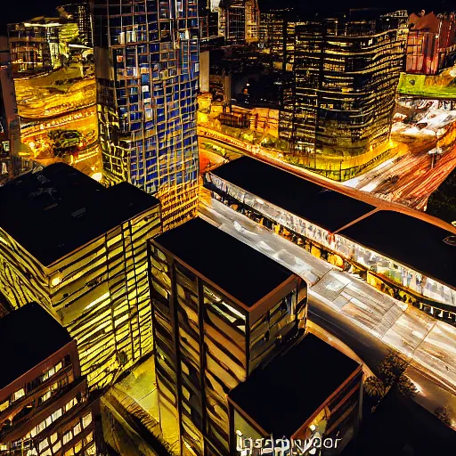 Prompt: a big building in a modern and dense city. at night. photo with time exposure. perspectiv from above