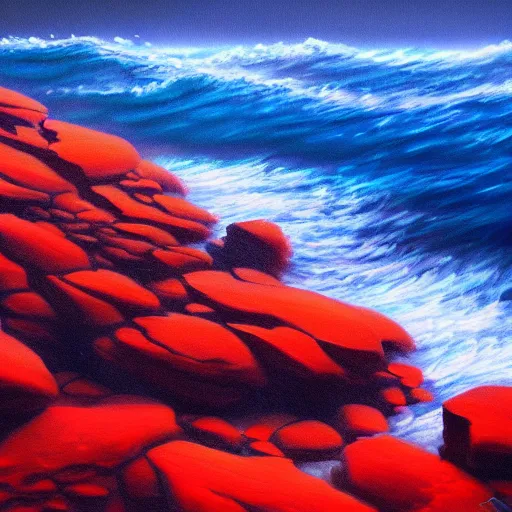 Prompt: Gorgeous detailed oil painting of a red sea covered in big blue rocks, the further away the mistier it gets, dark aesthetic, atmospheric, moody, highly detailed, masterpiece, award winning, 4k