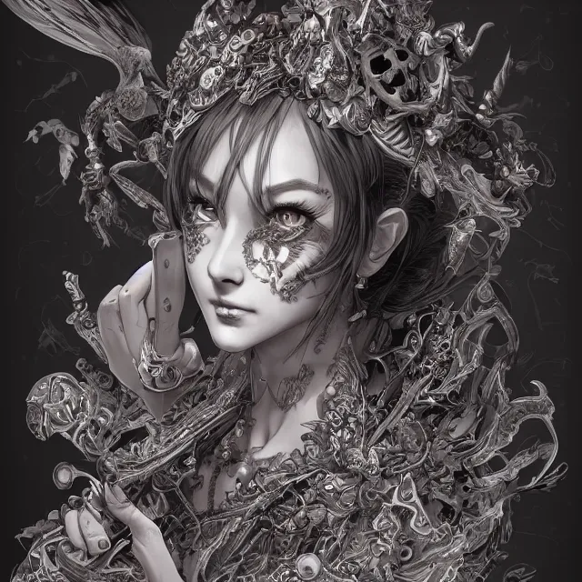 Image similar to the portrait of chaotic evil female necromancer mastermind as absurdly beautiful, gorgeous, elegant, cute young gravure idol, an ultrafine hyperdetailed illustration by kim jung gi, irakli nadar, intricate linework, bright colors, octopath traveler, final fantasy, unreal engine 5 highly rendered, global illumination, radiant light, detailed and intricate environment