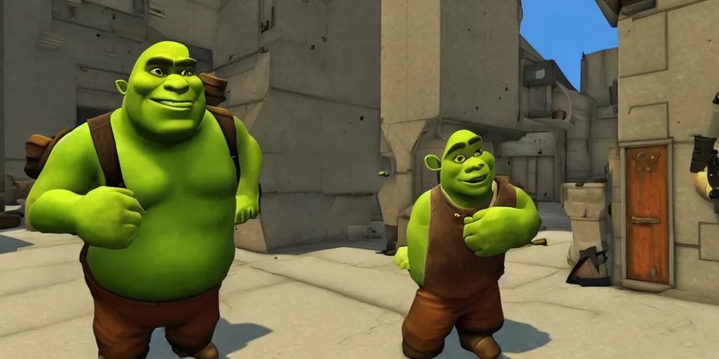 Prompt: shrek in team fortress 2, half life 2, garry's mod