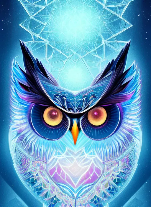 Image similar to symmetry!! product render poster vivid colors divine proportion owl, ice and snow, glowing fog intricate, elegant, highly detailed, digital painting, artstation, concept art, smooth, sharp focus, illustration,