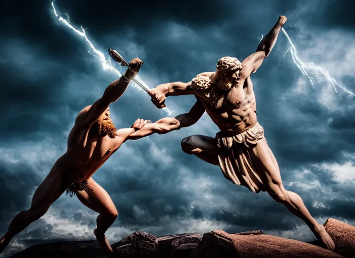 Prompt: zeus fighting chronos. mythology style. highly detailed 8 k. intricate. lifelike. soft light. sony a 7 r iv 5 5 mm. [ cinematic post - processing ].