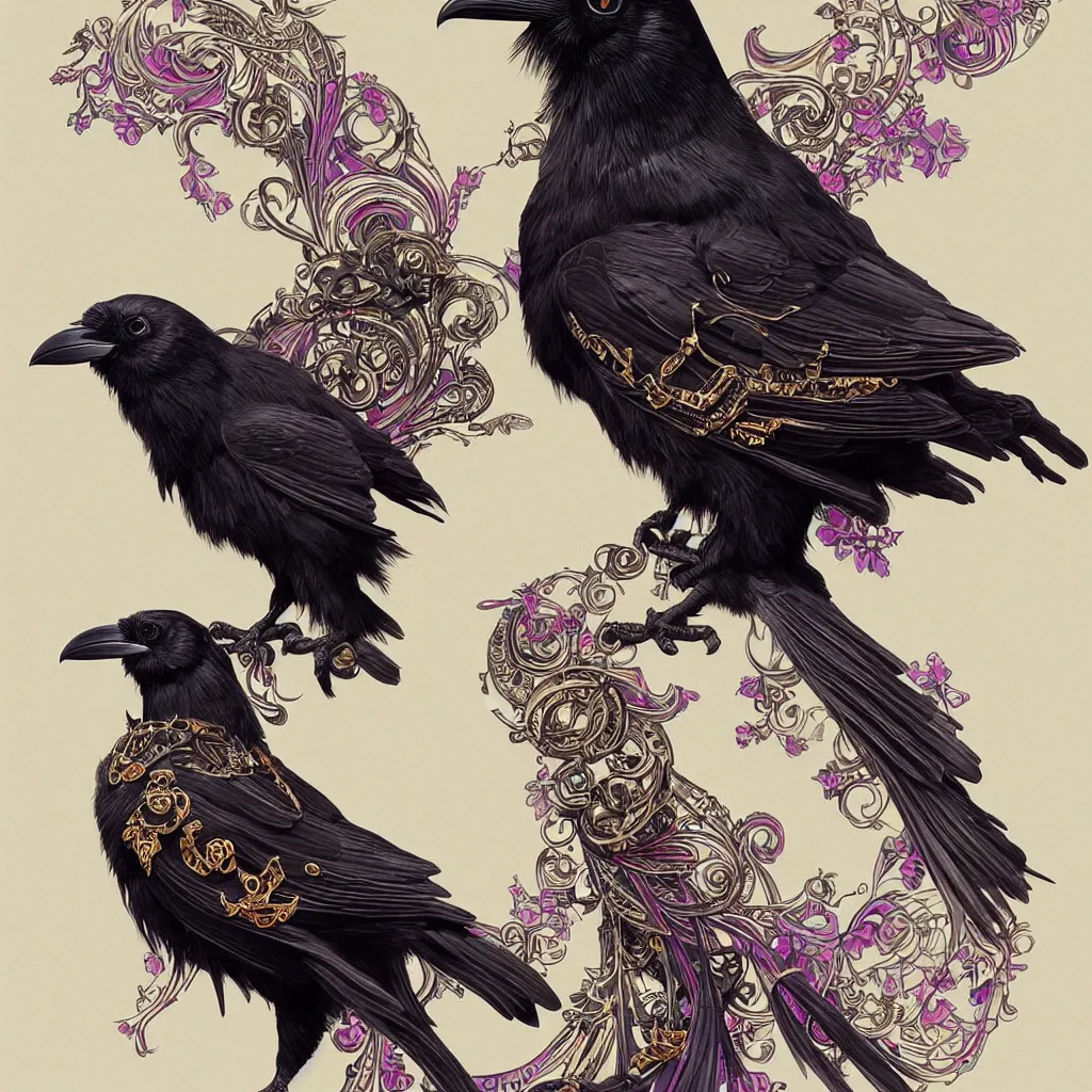 Image similar to beautiful black raven bird with ornate jewelry, cute, intricate, highly detailed, digital painting, trending on artstation, concept art, smooth, sharp focus, backlit, rim light, vivid colors, illustration, unreal engine 5, 8 k, art by rossdraws and alphonse mucha