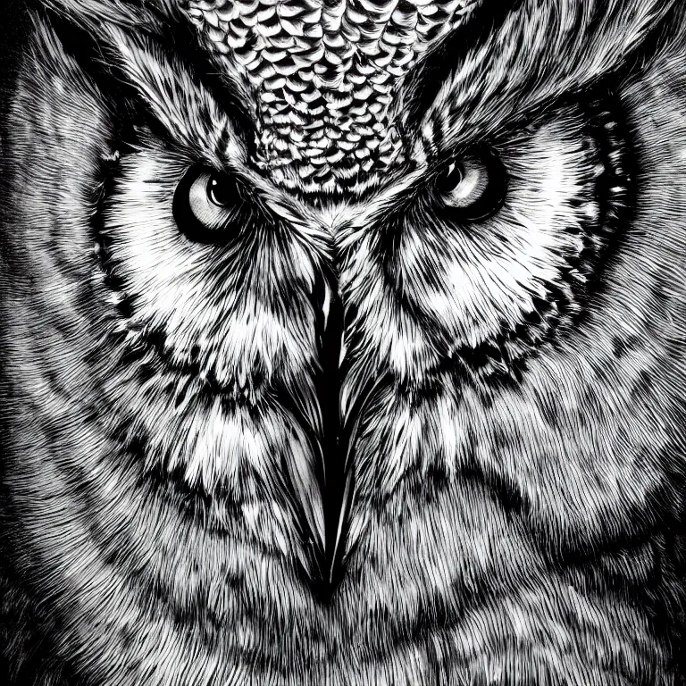 Image similar to hyperrealist highly detailed cinematic lighting studio portrait of a great horned owl, high contrast wood engraving, kentaro miura and junji ito manga style, shocking detail trending on artstation 8 k