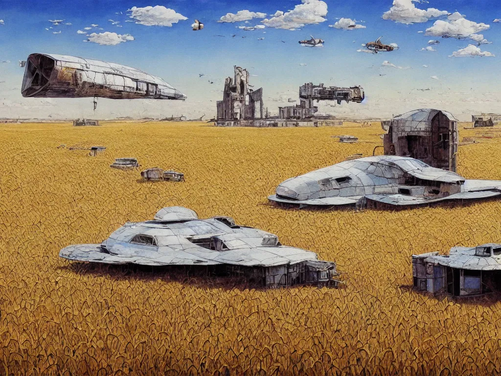 Prompt: A fantastic painting of a dilapidated post-modern building on a wheat field with an abandoned spaceship parked on the roof of the building, by Robert McCall, Trending on artstation, very detailed