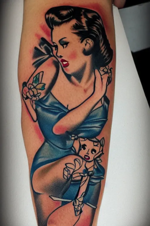 Prompt: pinup girl tattoo by Sarah Gaugler